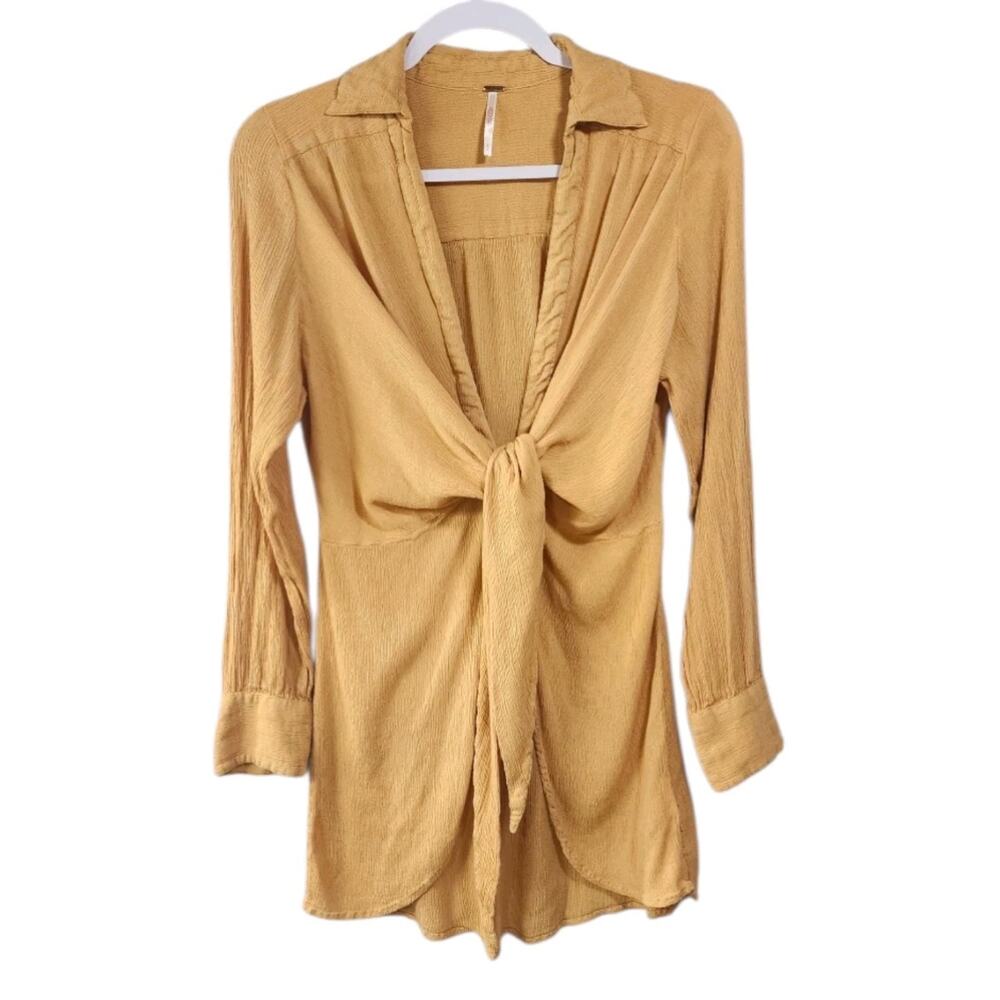 Free People Worlds Apart Tunic Tie Front Top Mustard Yellow Womens Size S